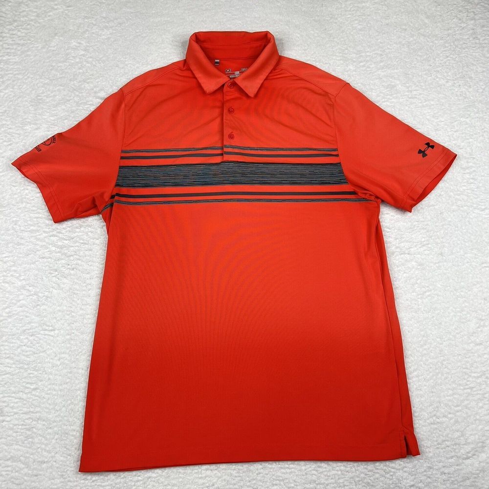 Under Armour Shirt Mens Large Red Orange Striped Polo Heatgear Short Sleeve Golf